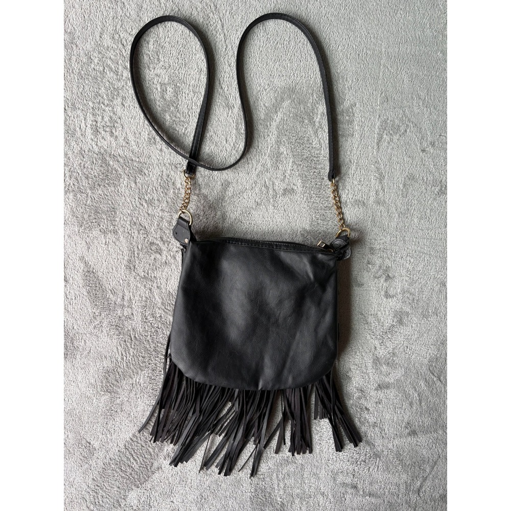 Rue21 Womens Crossbody Bag Small Black Faux Leather Fringe Western Boho Festival - Picture 6 of 14